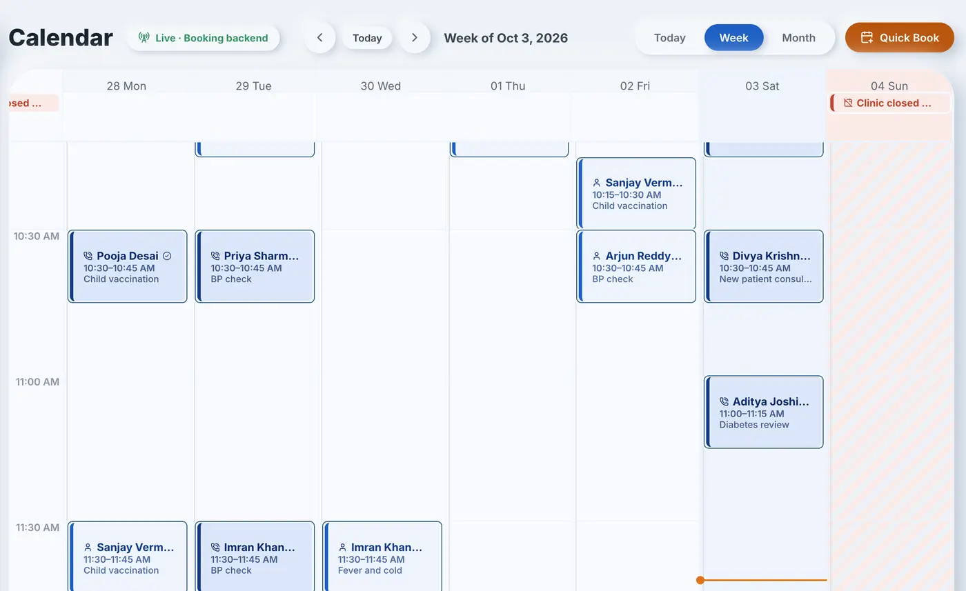 The Medicall calendar in week view, filled with appointments booked by the voice agent.