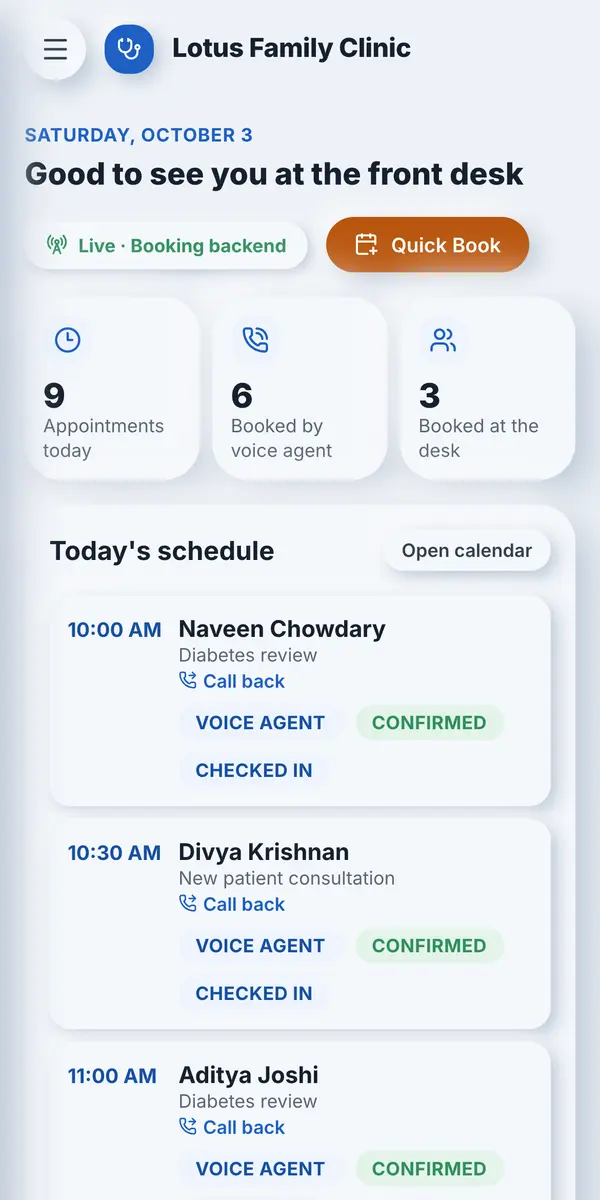 The Medicall overview on a phone, showing today's schedule and who has checked in.